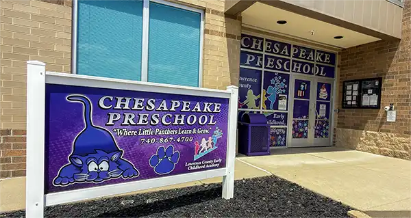 The Chesapeake Preschool sign and building entrance.